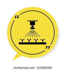 Black Automatic irrigation sprinklers icon isolated on white background. Watering equipment. Garden element. Spray gun icon. Yellow speech bubble symbol. Vector Illustration