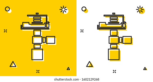 Black Automatic irrigation sprinklers icon isolated on yellow and white background. Watering equipment. Garden element. Spray gun icon. Random dynamic shapes. Vector Illustration