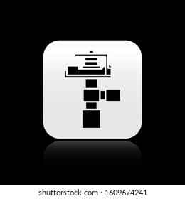 Black Automatic irrigation sprinklers icon isolated on black background. Watering equipment. Garden element. Spray gun icon. Silver square button. Vector Illustration