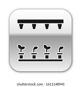 Black Automatic irrigation sprinklers icon isolated on white background. Watering equipment. Garden element. Spray gun icon. Silver square button. Vector Illustration