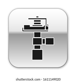 Black Automatic irrigation sprinklers icon isolated on white background. Watering equipment. Garden element. Spray gun icon. Silver square button. Vector Illustration