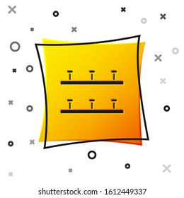 Black Automatic irrigation sprinklers icon isolated on white background. Watering equipment. Garden element. Spray gun icon. Yellow square button. Vector Illustration