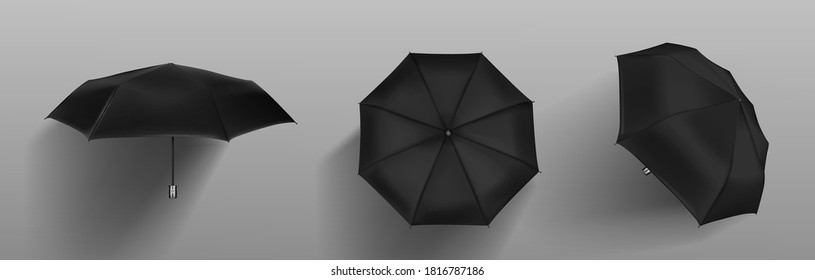 Black automatic umbrella front, side and top view. Vector realistic mockup of blank parasol with metal handle, accessory for rain protection in spring, autumn or monsoon season