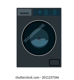 Black automatic washing machine on a white background.