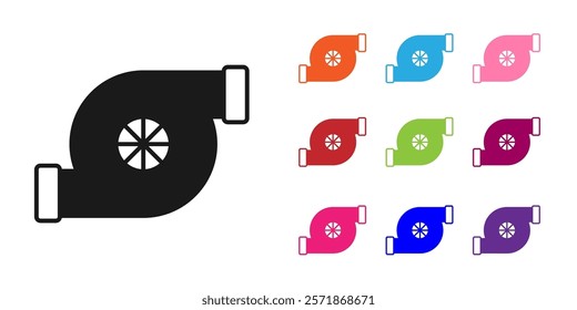 Black Automotive turbocharger icon isolated on white background. Vehicle performance turbo. Turbo compressor induction. Set icons colorful. Vector