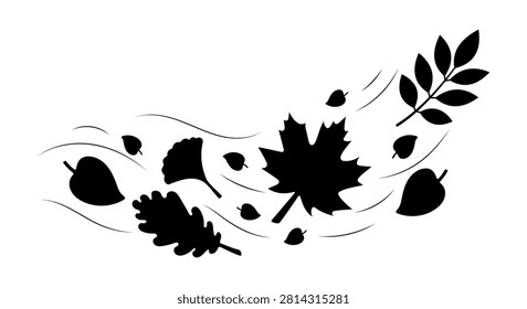 Black Autumn Leaf Silhouettes Blowing in the Wind with Maple, Oak, Ginkgo and Botanical Branches, Monochrome Seasonal Foliage Composition for Fall Banner, Harvest Poster and Nature Design
