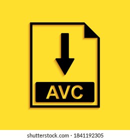 Black AVC file document icon. Download AVC button icon isolated on yellow background. Long shadow style. Vector.