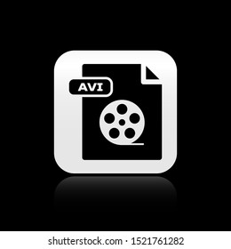Black AVI file document. Download avi button icon isolated on black background. AVI file symbol. Silver square button. Vector Illustration