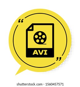 Black AVI file document. Download avi button icon isolated on white background. AVI file symbol. Yellow speech bubble symbol. Vector Illustration