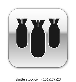 Black Aviation bombs icon isolated on white background. Rocket bomb flies down. Silver square button. Vector Illustration