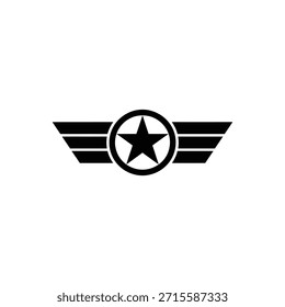 Emblema preto da asa da aviação com um design de estrela centralizado no fundo branco
