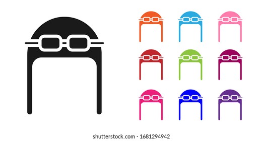 Black Aviator hat with goggles icon isolated on white background. Pilot hat. Set icons colorful. Vector Illustration