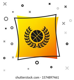 Black Award with basketball ball icon isolated on white background. Laurel wreath. Winner trophy. Championship or competition trophy. Yellow square button. Vector Illustration