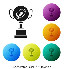 Black Award cup and American football ball icon isolated on white background. Winner trophy symbol. Championship or competition trophy. Set icons colorful circle buttons. Vector Illustration