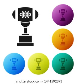 Black Award cup and American football ball icon isolated on white background. Winner trophy symbol. Championship or competition trophy. Set icons colorful circle buttons. Vector Illustration