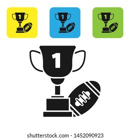 Black Award cup and American football ball icon isolated on white background. Winner trophy symbol. Championship or competition trophy. Set icons colorful square buttons. Vector Illustration