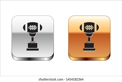 Black Award cup and American football ball icon isolated on white background. Winner trophy symbol. Championship or competition trophy. Silver-gold square button. Vector Illustration