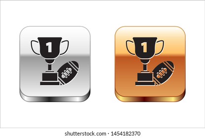 Black Award cup and American football ball icon isolated on white background. Winner trophy symbol. Championship or competition trophy. Silver-gold square button. Vector Illustration
