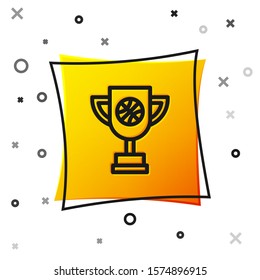Black Award cup with basketball ball icon isolated on white background. Winner trophy symbol. Championship or competition trophy. Yellow square button. Vector Illustration