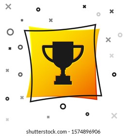 Black Award cup icon isolated on white background. Winner trophy symbol. Championship or competition trophy. Sports achievement. Yellow square button. Vector Illustration