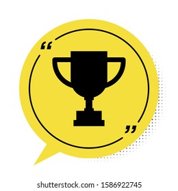 Black Award cup icon isolated on white background. Winner trophy symbol. Championship or competition trophy. Sports achievement. Yellow speech bubble symbol. Vector Illustration