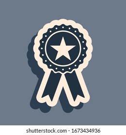 Black Award medal with star and ribbon icon isolated on grey background. Winner achievement sign. Champion medal emblem. Success symbol. Long shadow style. Vector Illustration