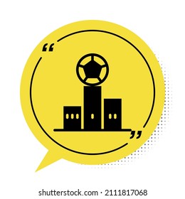 Black Award over sports winner podium icon isolated on white background. Yellow speech bubble symbol. Vector