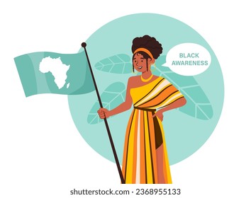 Black awareness concept. Woman in traditional african clothes with flag. Tolerance and unity, respect and democracy. Traditional holiday and festival. Cartoon flat vector illustration