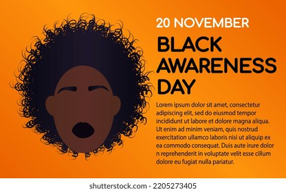 Black Awareness day banner design. Black Consciousness Day celebration card. Dark skinned woman with text isolated on orange background. Vector illustration in flat style