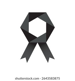 Fita de consciência preta em um estilo de origami geométrico, simbolizando luto, lembrança ou luto. Ideal para gráficos de tributo, campanhas memoriais e visuais relacionados ao suporte.