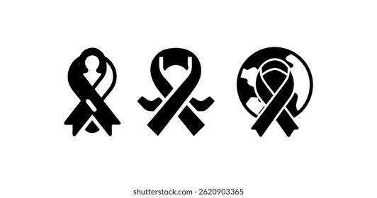Black awareness ribbon with heart, symbolizing support. A simple, impactful graphic of a black awareness ribbon, intertwined and a heart, against a plain white background. heart ribbon, solidarity rib