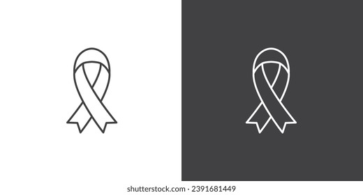 Black awareness ribbon icon on black and white background. Vector symbol of grief and melanoma. Terrorism. Mourning ribbon icon, a symbol of mourning for death.