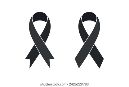 Black awareness ribbon icon set, Mourning and melanoma symbol