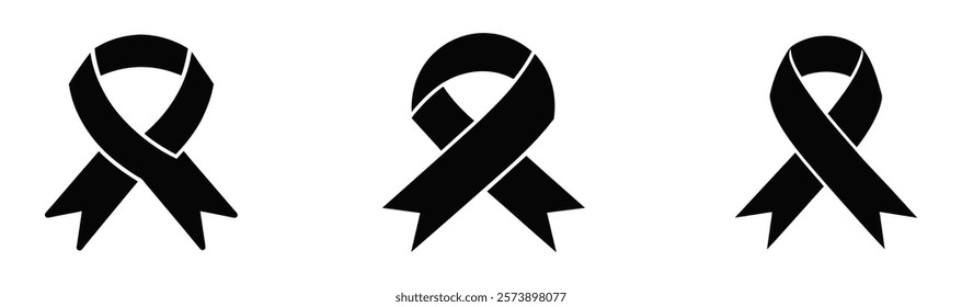 Black awareness ribbon icon set, Mourning and melanoma symbol. Vector illustration