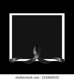 Black Awareness Ribbon On Black Background And White Frame. Mourning Symbol.