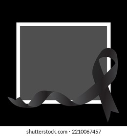 Black awareness ribbon on black background and white frame. Mourning symbol.