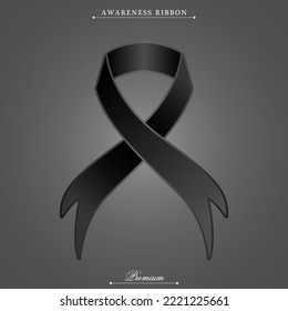 Black awareness ribbon on grey background. Mourning sign icons. illustration of vector graphic of ribbon as symbol. Vector eps 10
