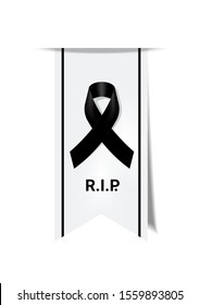 Black Awareness Ribbon On White Background. Mourning Symbol. RIP Funeral Card Black Ribbon Background Vector