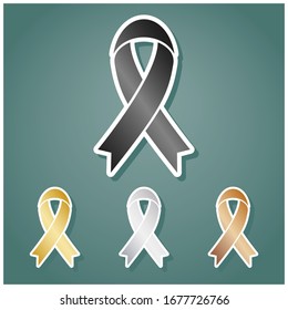 Black awareness ribbon sign. Set of metallic Icons with gray, gold, silver and bronze gradient with white contour and shadow at viridan background. Illustration.