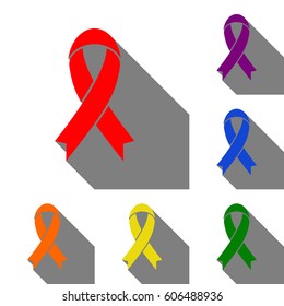 Black awareness ribbon sign. Set of red, orange, yellow, green, blue and violet icons at white background with flat shadow.