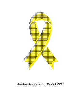 Black awareness ribbon sign. Vector. Yellow icon with square pattern duplicate at white background. Isolated.