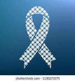 Black awareness ribbon sign. Vector. White textured icon at lapis lazuli gradient background.