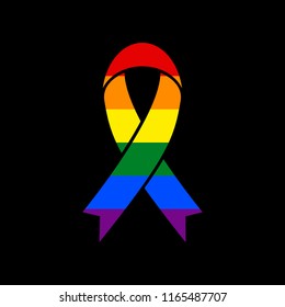 Black awareness ribbon sign. Vector. Icon with colors of LGBT flag at black background.