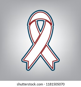 Black awareness ribbon sign. Vector. Dark red, transparent and midnight green stroke of white icon at grayish background.