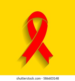 Black awareness ribbon sign. Vector. Red icon with soft shadow on golden background.