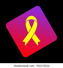 Black awareness ribbon sign. Vector. Yellow icon at violet-red gradient square with rounded corners rotated for dynamics on black background.