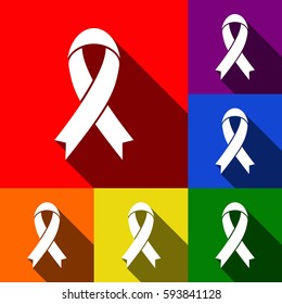Black awareness ribbon sign. Vector. Set of icons with flat shadows at red, orange, yellow, green, blue and violet background.