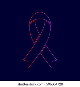 Black awareness ribbon sign. Vector. Line icon with gradient from red to violet colors on dark blue background.