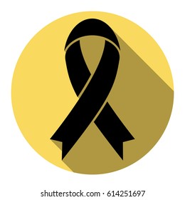 Black awareness ribbon sign. Vector. Flat black icon with flat shadow on royal yellow circle with white background. Isolated.