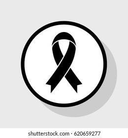 Black awareness ribbon sign. Vector. Flat black icon in white circle with shadow at gray background.